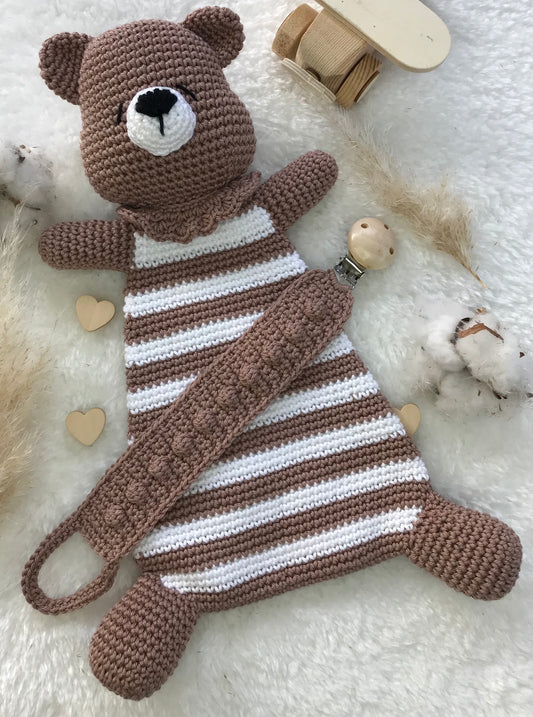 Coffret doudou flat bear et son attache-tétines - Fait à la main au crochet - Made in France