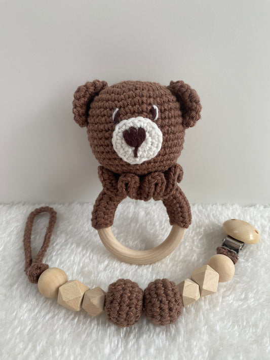 Coffret cuty ours et son attache-tétines - Fait à la main au crochet - Made in France
