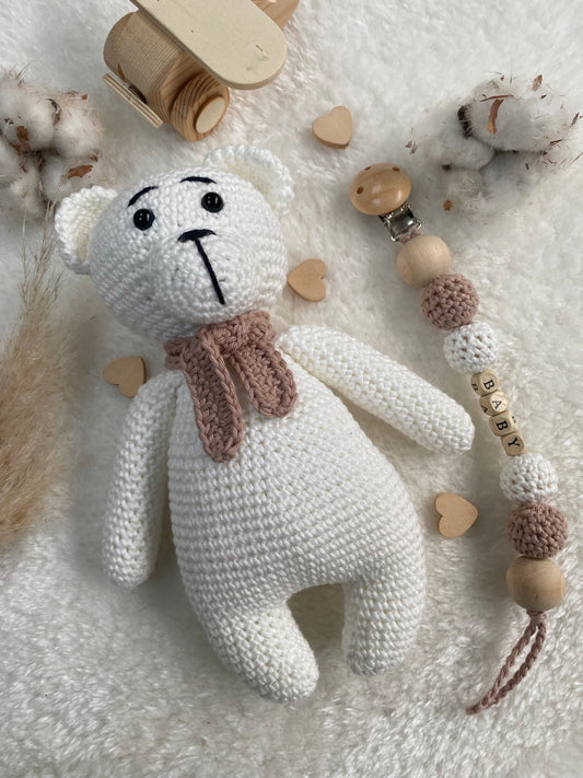 Coffret doudou teddy et son attache-tétines personnalisable - Fait à la main au crochet - Made in France